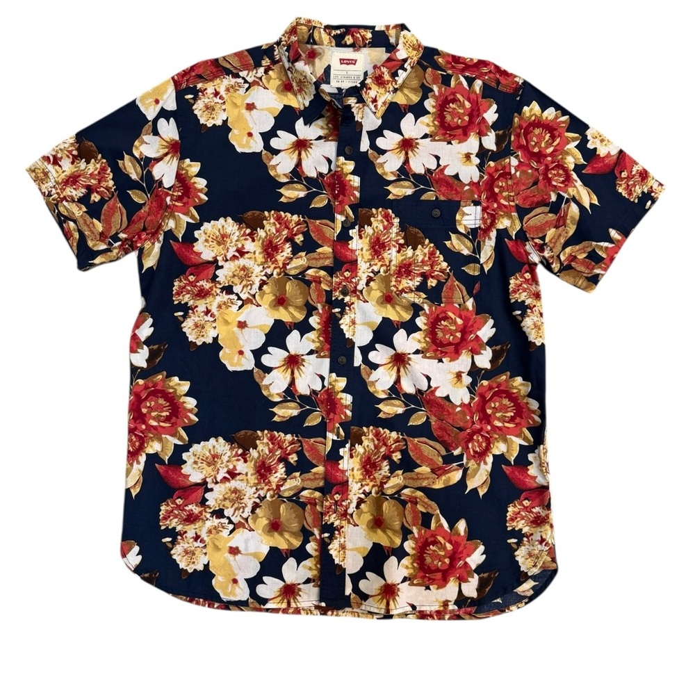 Levi’s Mens Navy Hawaiian Shirt Size L Floral Short Sleeve Button Up
